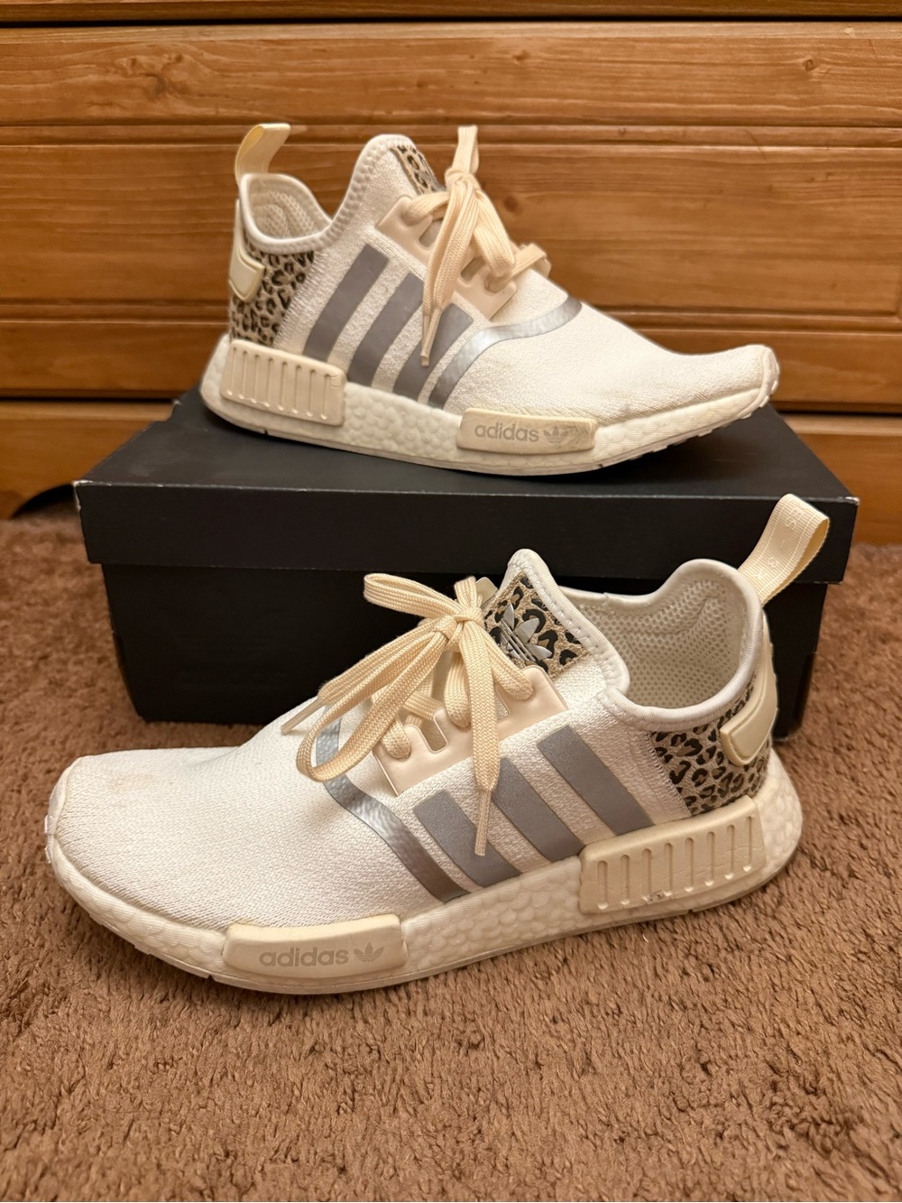 adidas Women's Cream White Sneakers with Gray Stripes and Leopard Accent